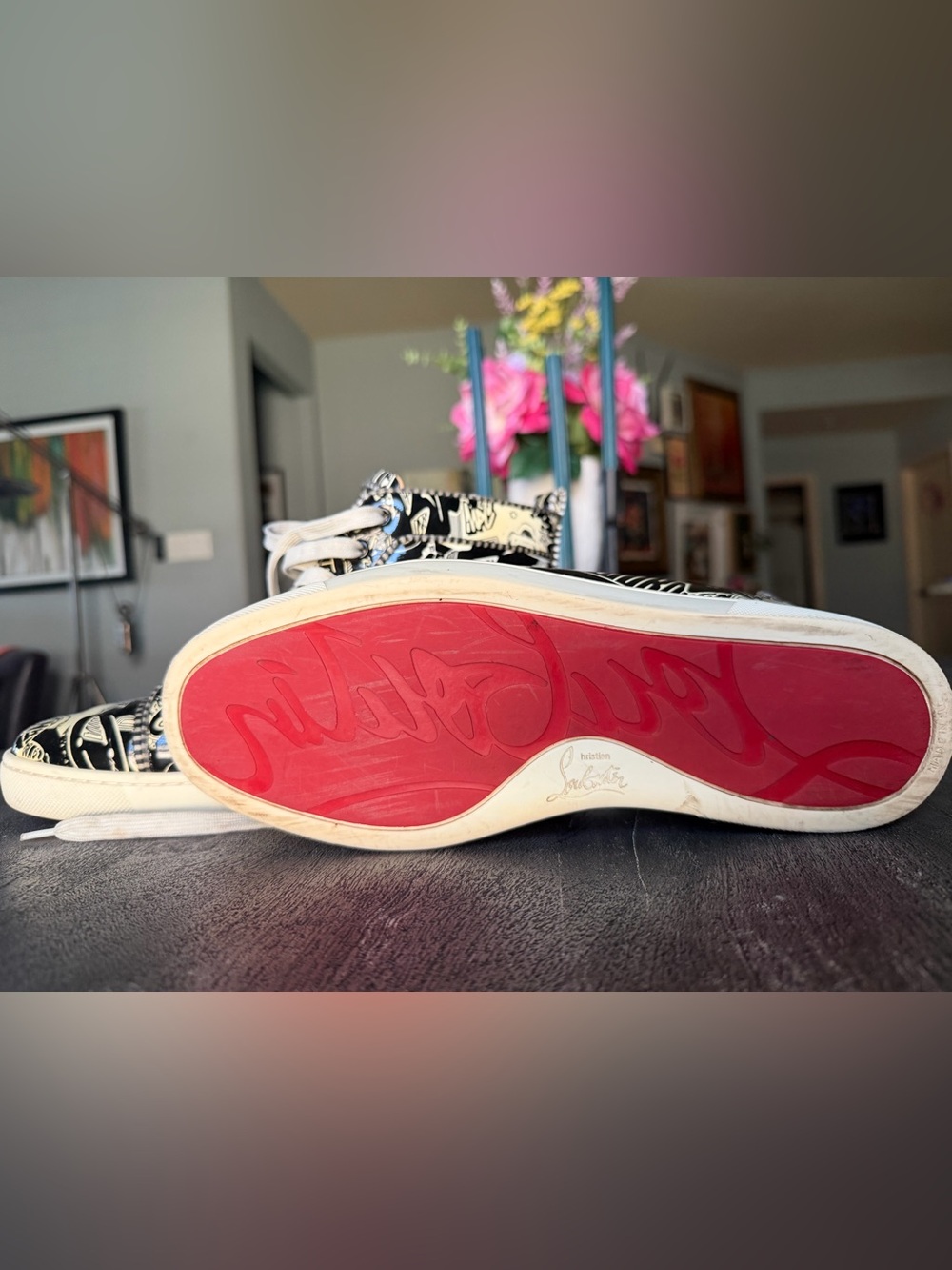 Christian Louboutin Black & White Graphic High-Top Sneakers - Picture 6 of 10